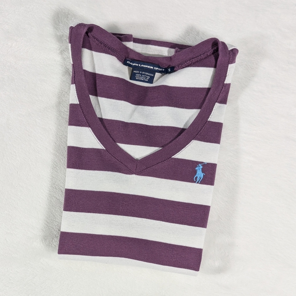 Ralph Lauren Sports embroidered logo stripe v-neck size Small 100% cotton